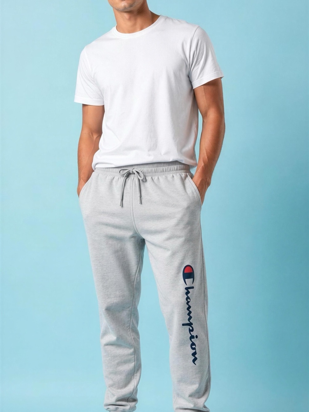 Champion Light Gray Logo Joggers with Navy & Red Accent